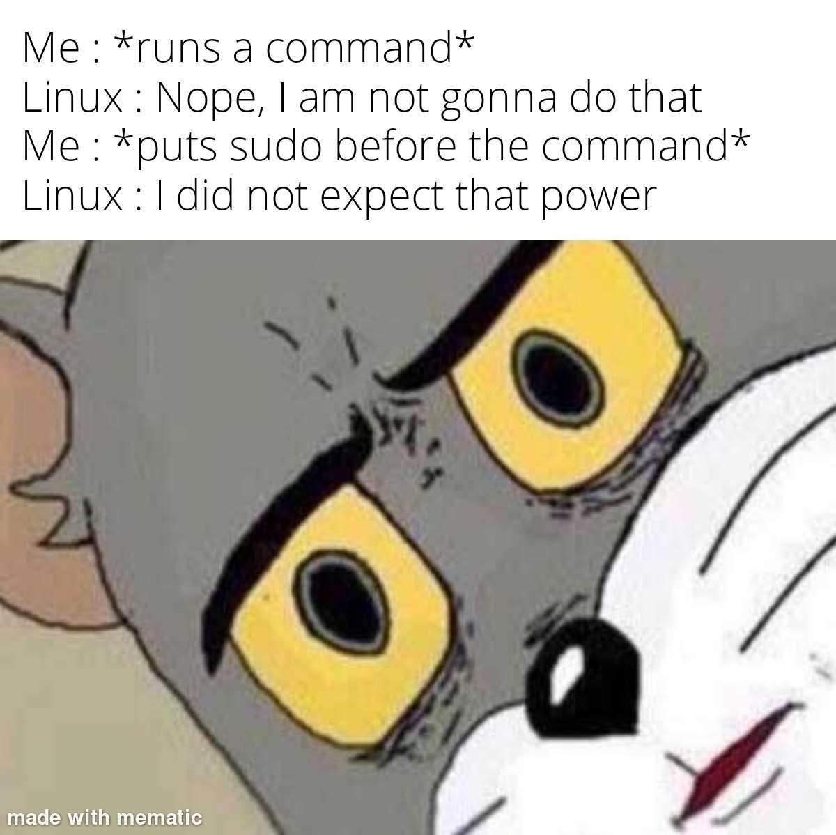 Unsettled tom meme uses sudo after Linux says no Unsettled tom meme uses sudo after Linux says no