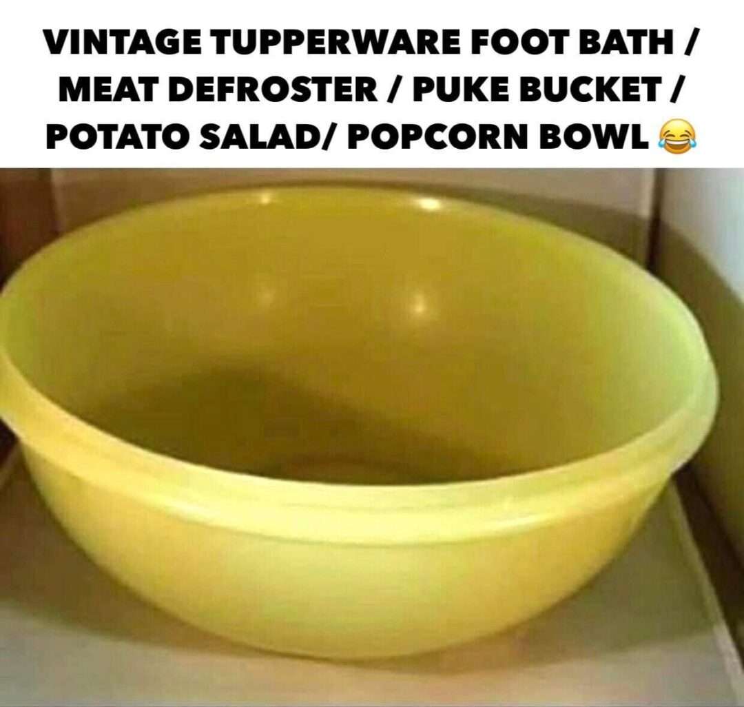 Vintage tupperware meme showing its many uses over the years
