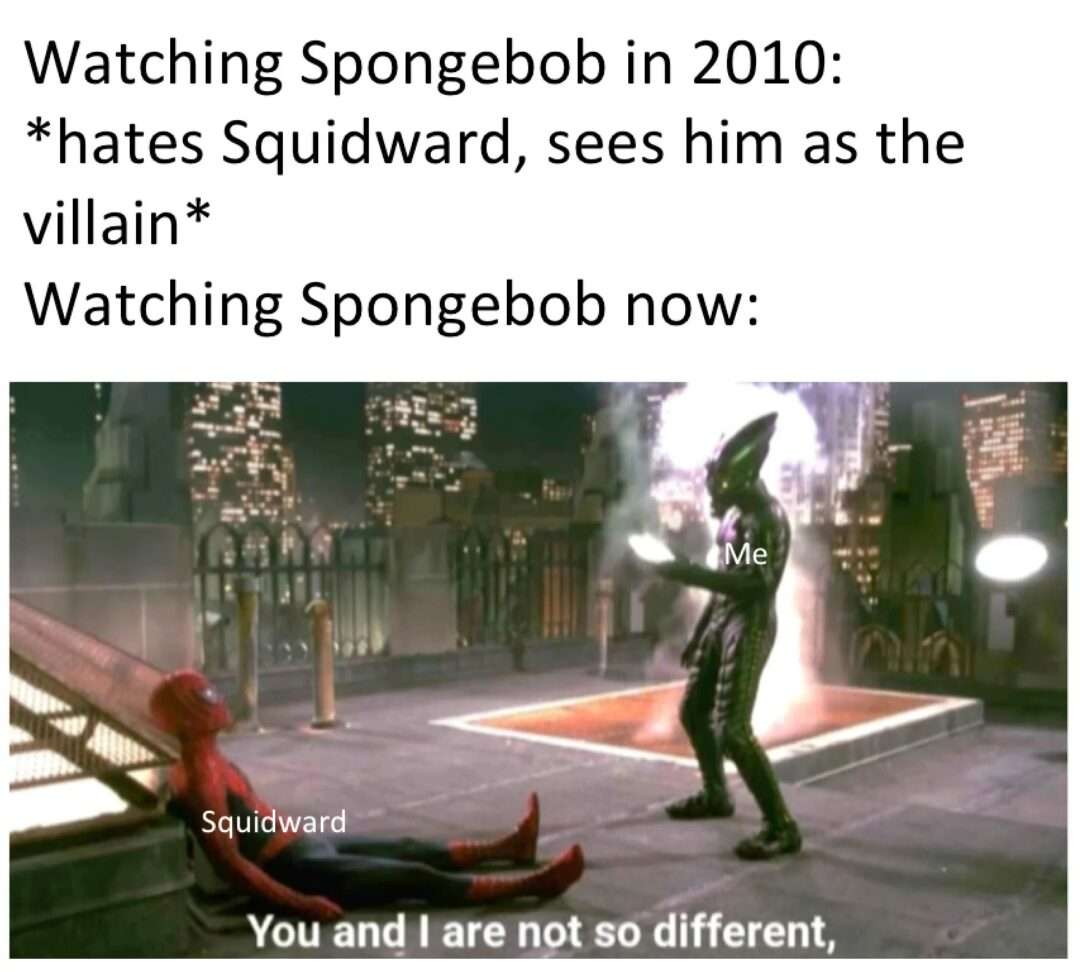 Spider-Man meme about relating to Squidward as an adult