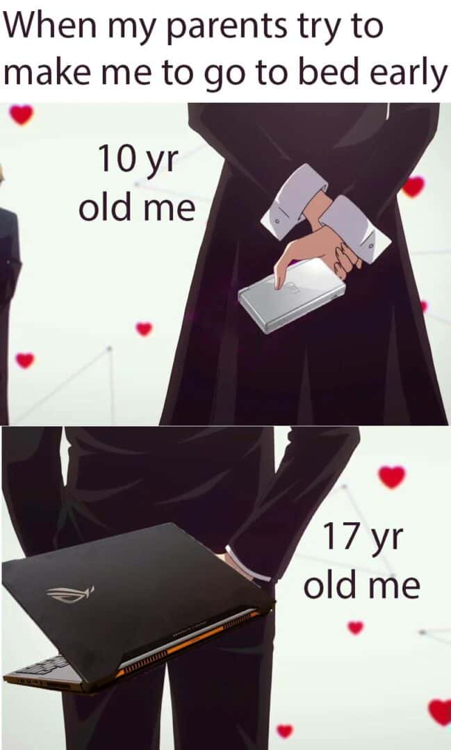 Teenager meme hiding laptop behind back when parents try to make me go to bed early