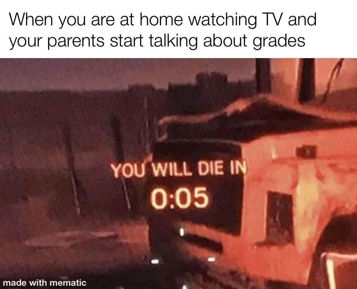 Funny meme about parents talking grades while watching tv