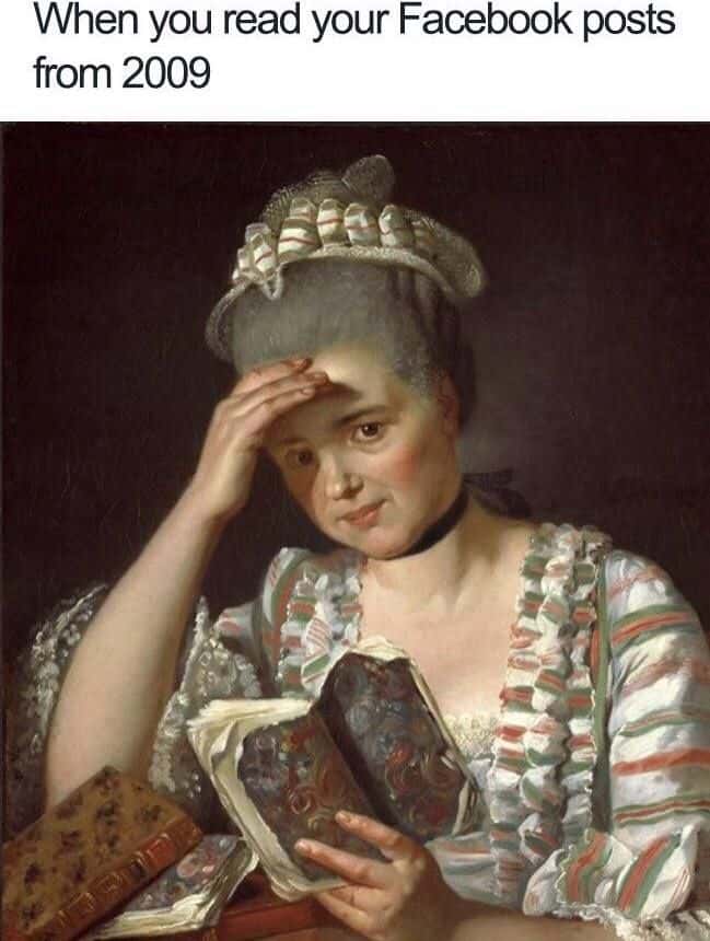 Woman meme reading Facebook posts from 2009