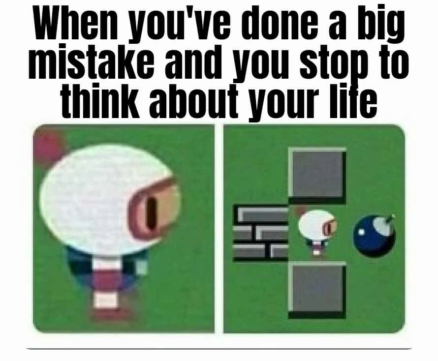 Funny game meme character trapped by bomb thinking about life