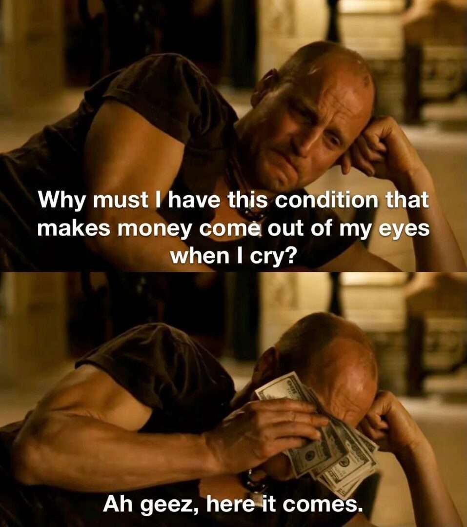Sad bald man meme complaining money comes out of eyes when he cries
