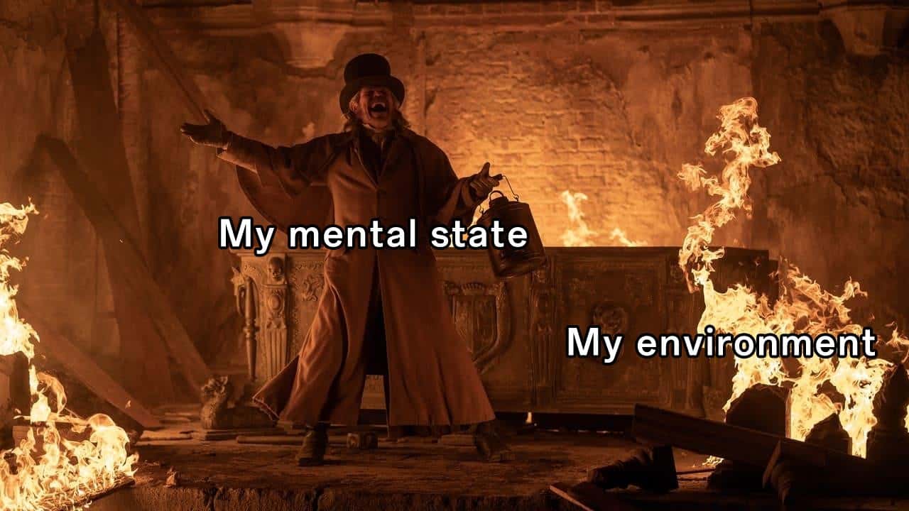 Willem dafoe meme mental state vs burning environment