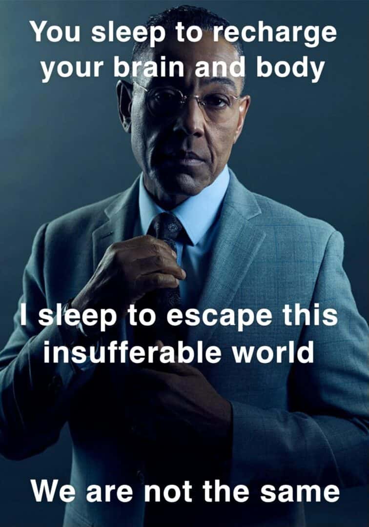 Gus fring meme sleeps to escape insufferable world we are not the same