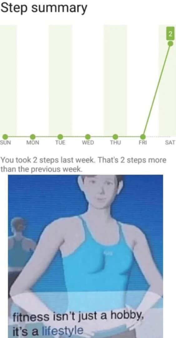 Fitness tracker meme celebrating taking only 2 steps last week calling fitness a lifestyle