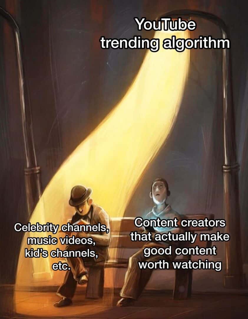 YouTube algorithm meme showing light shining on popular content