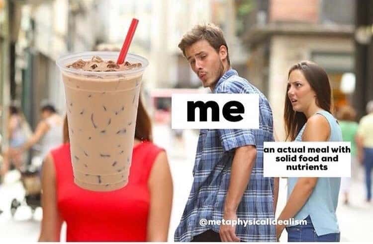 Distracted boyfriend meme choosing iced coffee over a real meal