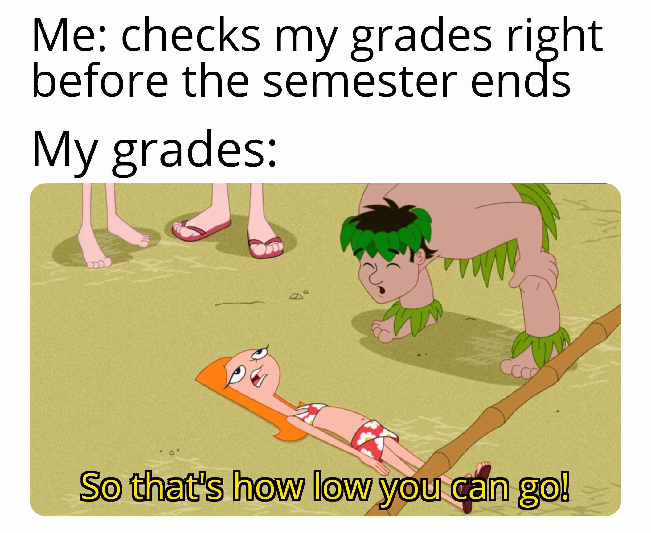 Phineas and ferb meme about low grades at semester end