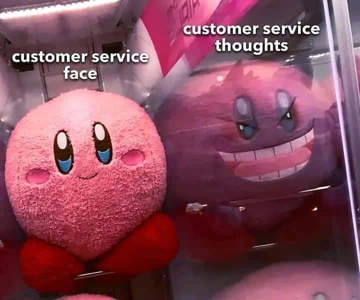 Kirby plush meme showing customer service face vs inner thoughts