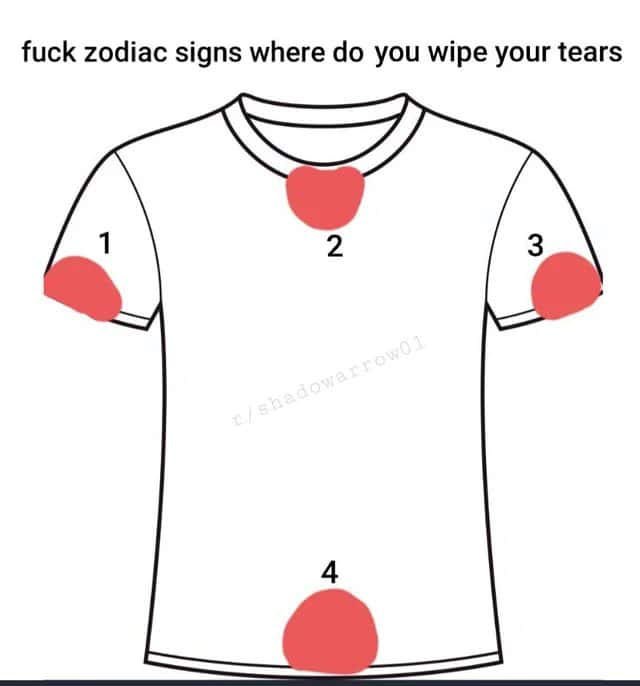 T-shirt meme asks where you wipe your tears instead of talking about zodiac signs