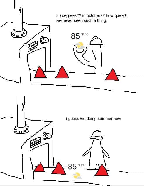 Flork guy meme shocked at 85 degrees in october then accepts we are doing summer now