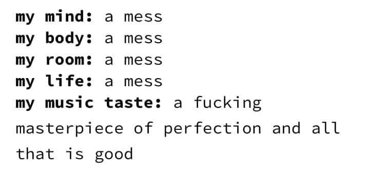 Music taste meme showing entire life is a mess while being perfect masterpiece