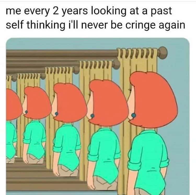 Cringe regret meme looking at past self every 2 years