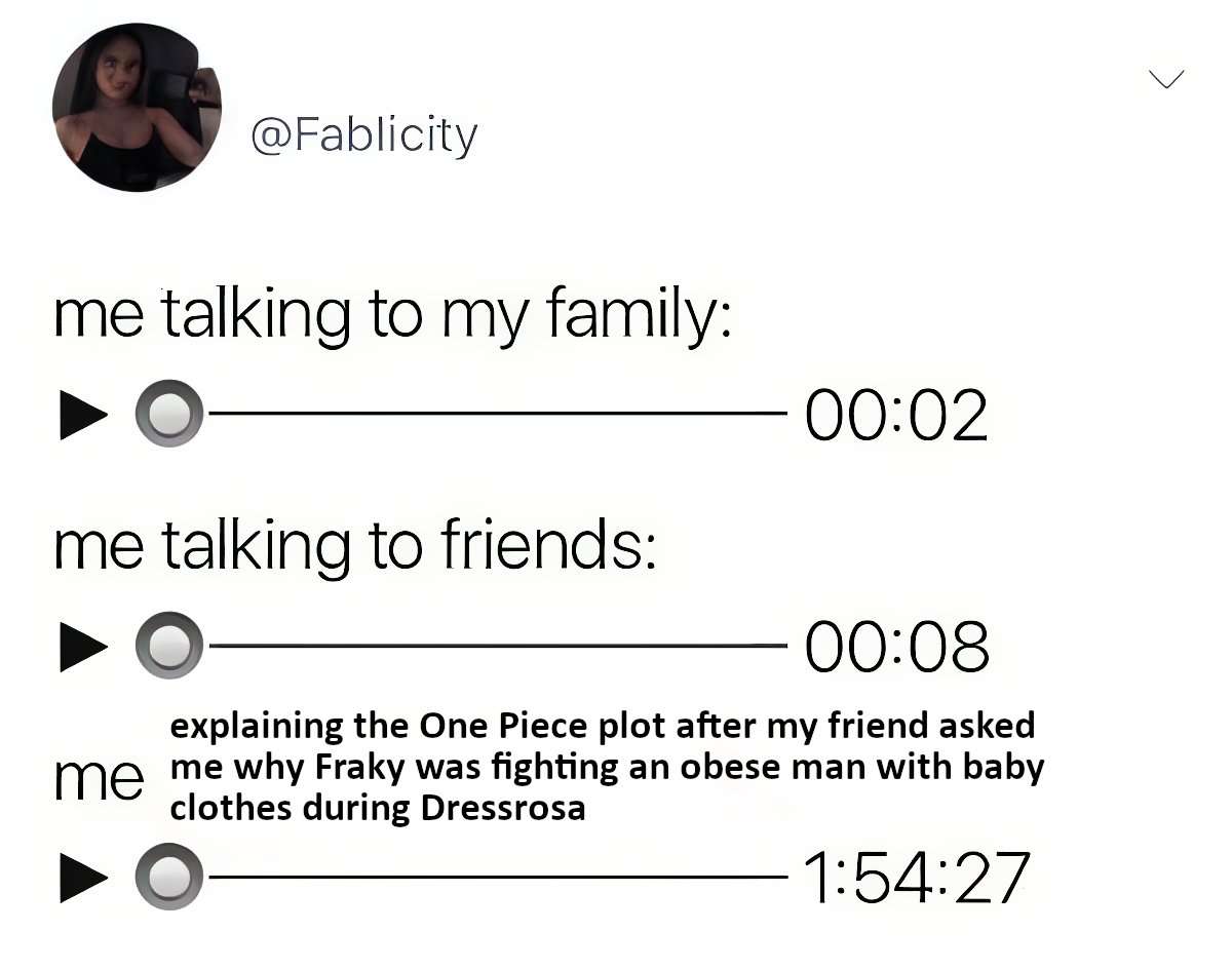 One Piece fan meme rambling explaining Dressrosa plot for nearly two hours