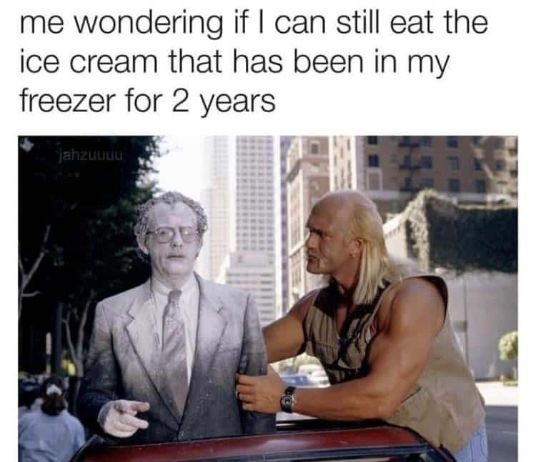 Freezer burned guy meme about eating 2 year old ice cream