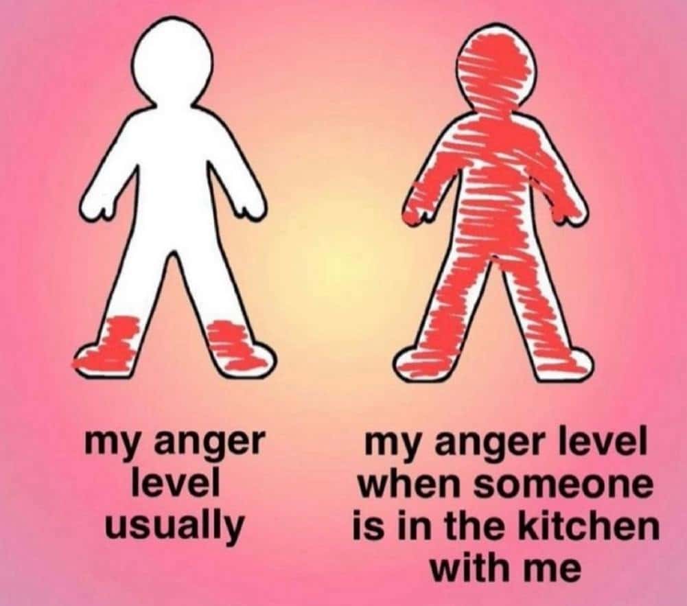 Anger level meme showing frustration when sharing kitchen space
