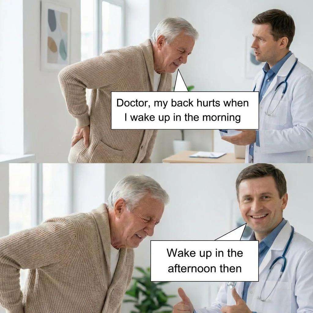 Elderly back pain patient meme told by doctor to wake up in the afternoon to avoid morning soreness