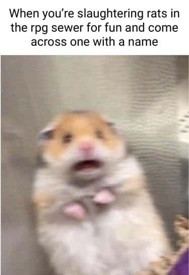 Scared hamster meme horrified when finding a named rat while slaughtering rpg sewer rats