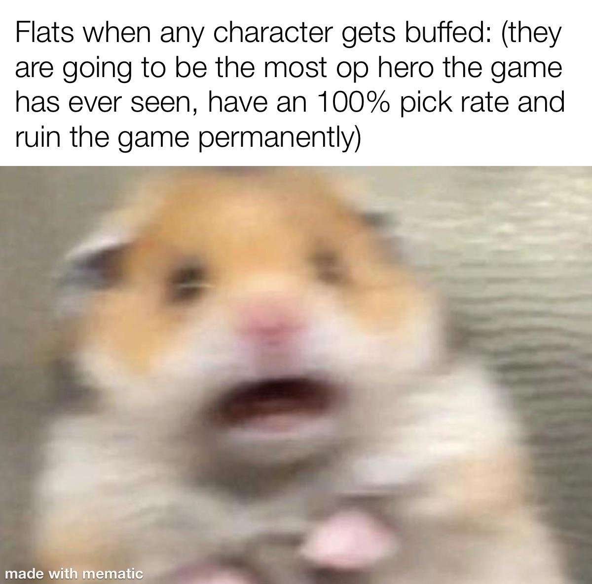 Scared hamster meme panicking when game character gets buffed and ruins the game