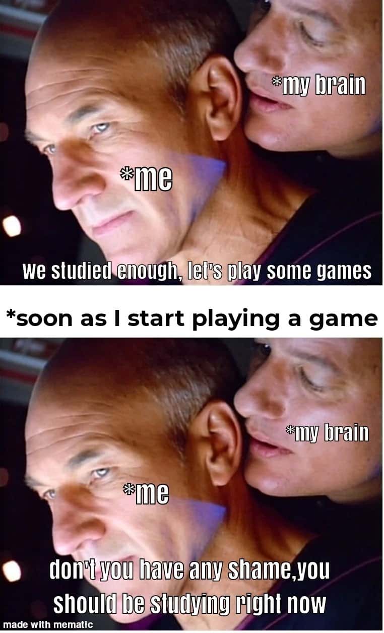 Whispering Picard meme brain tempts you to play games then shames you to study right away