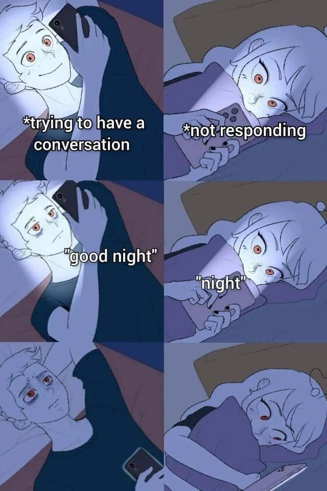 Late night texting couple meme getting dry one word reply after trying to have a conversation