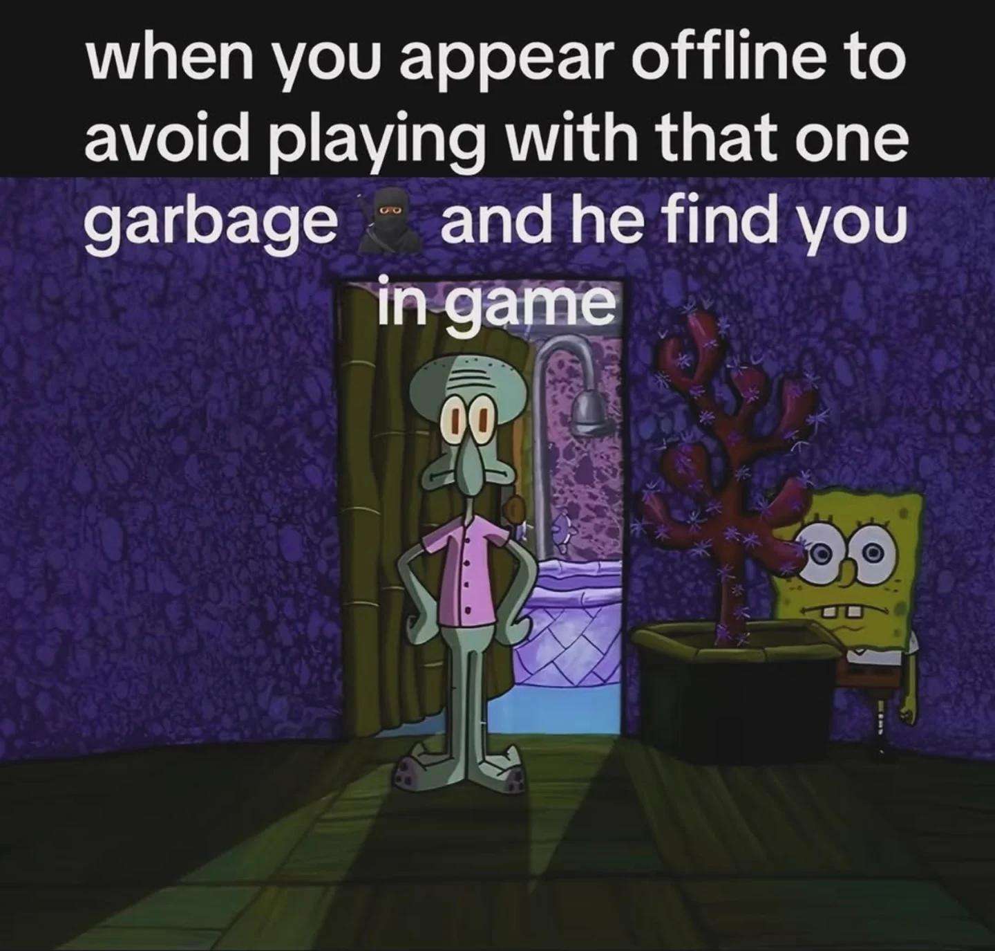 Spongebob meme hides behind plant after appearing offline but still gets found in game