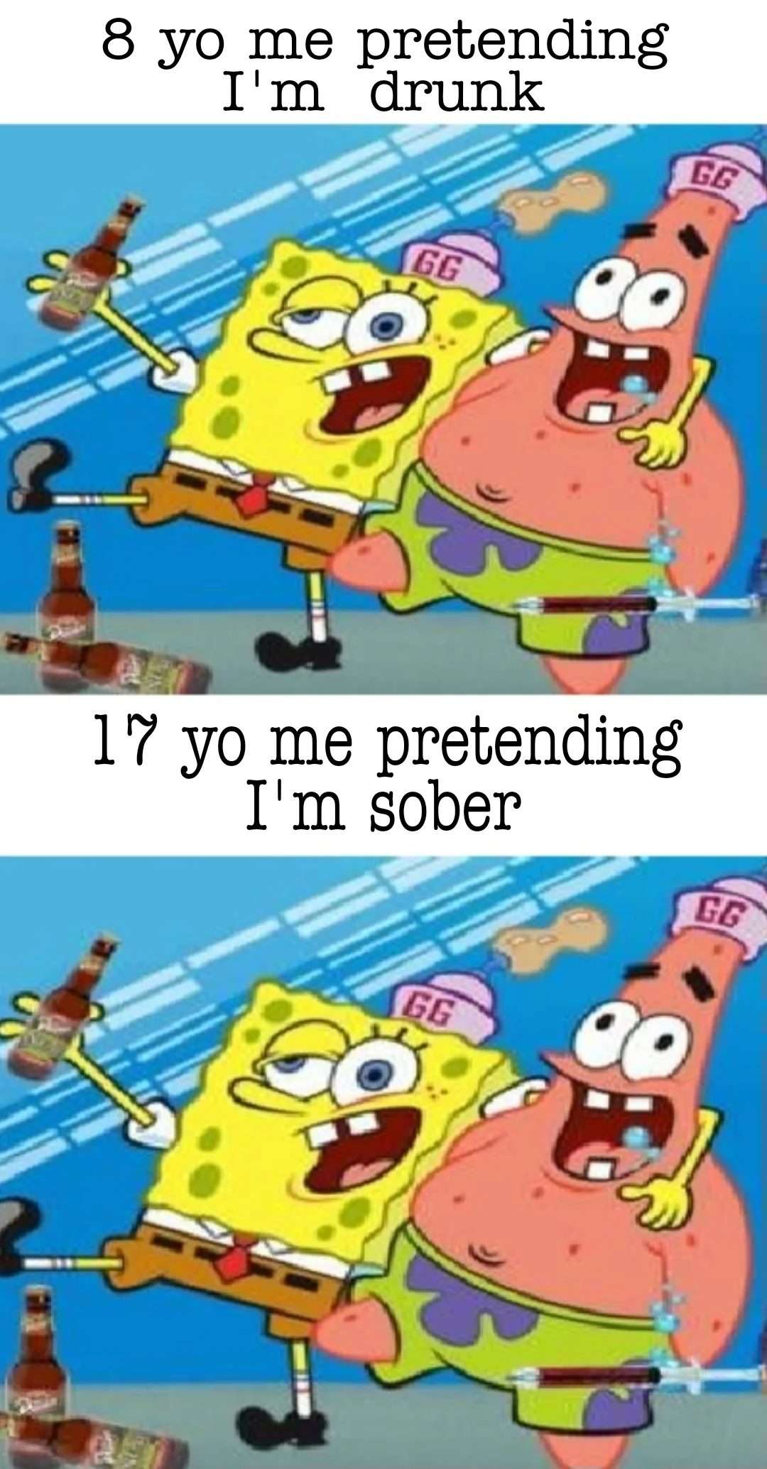 Spongebob and Patrick meme pretending drunk at 8 and pretending sober at 17
