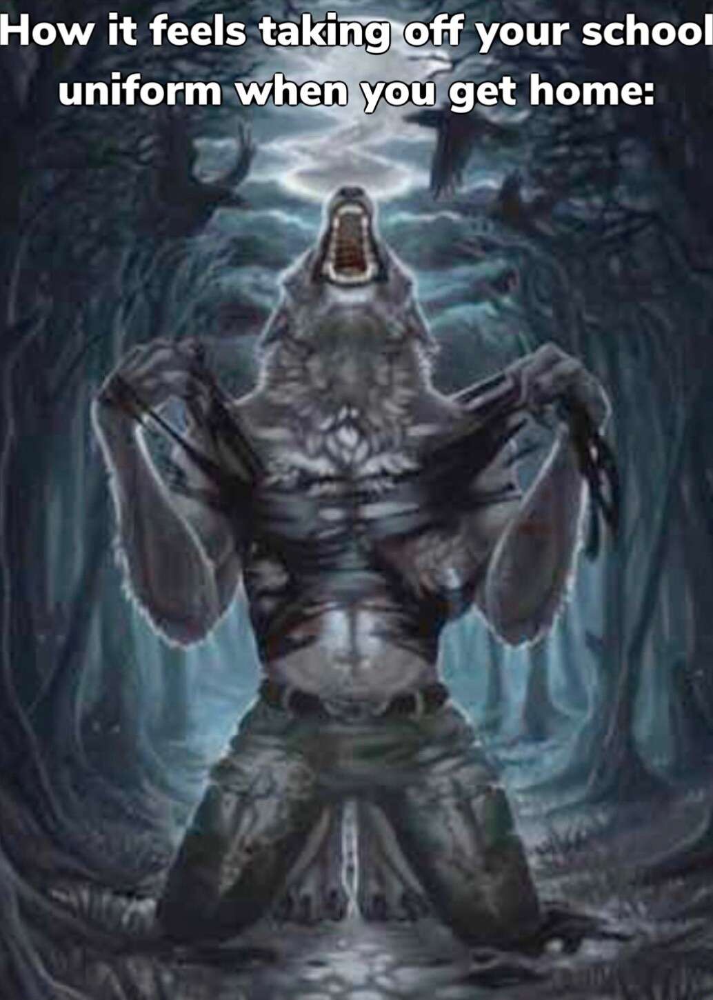Alpha wolf meme relief after removing school uniform