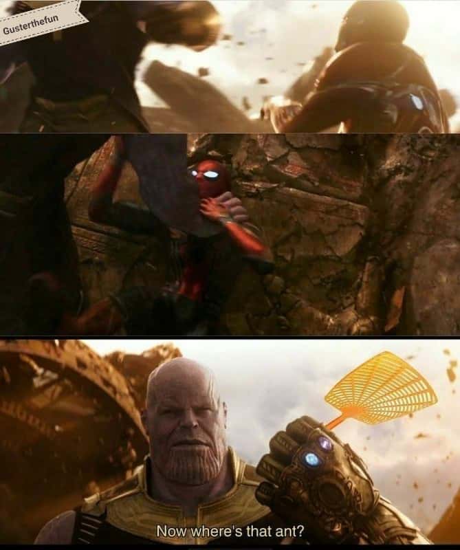 Thanos fly swatter ant meme hunting for the tiny hidden Spider-Man