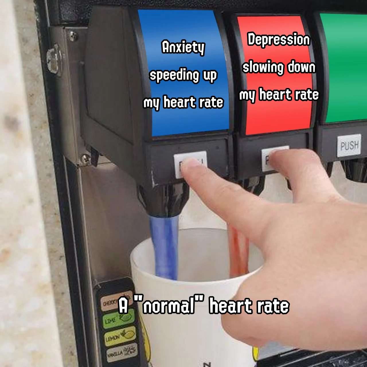 Soda dispenser meme pressing anxiety and depression buttons to get normal heart rate