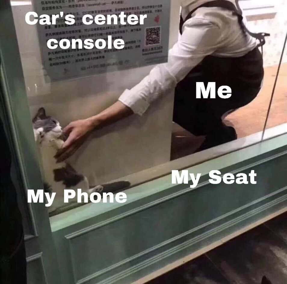 Cat meme stuck in car center console while I reach for my phone
