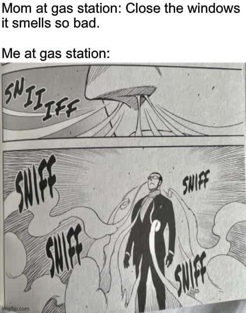 Man meme sniffing gas station fumes