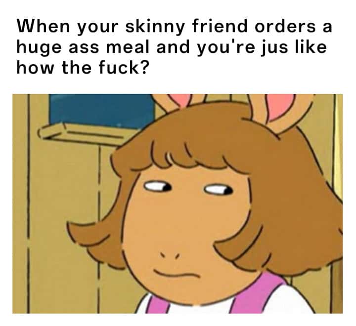 DW side eye meme judging skinny friend big food order
