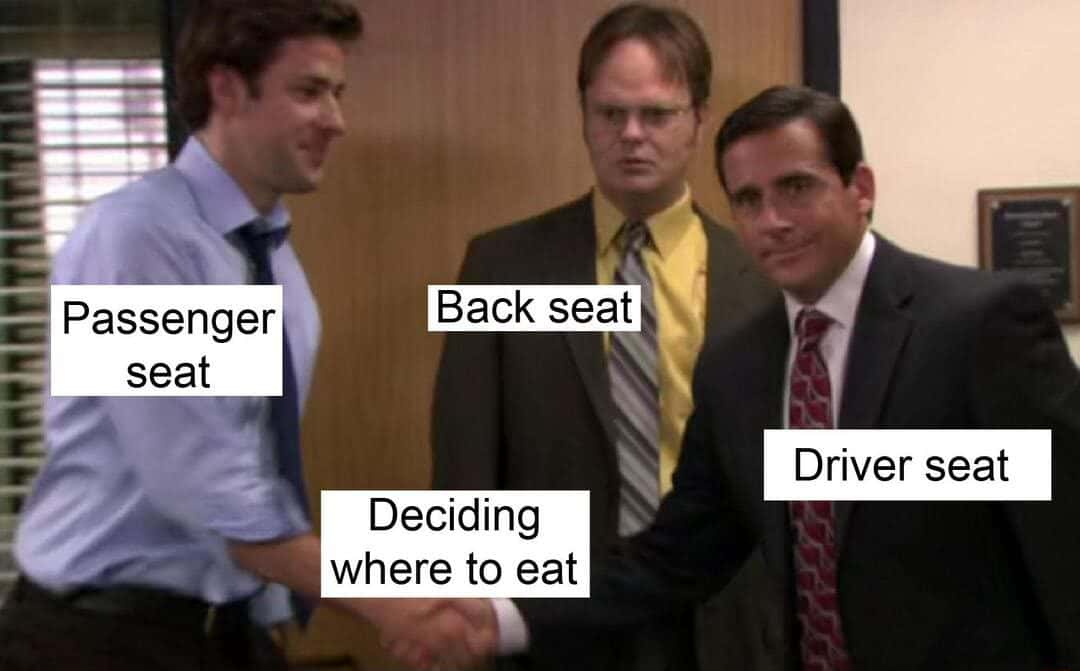 The office handshake meme deciding where to eat assigning different car seats