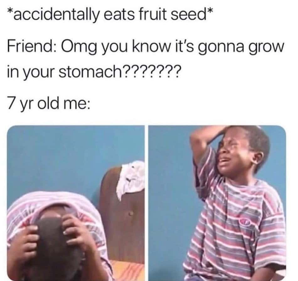 Sobbing devastated little kid meme panicking after swallowing a fruit seed