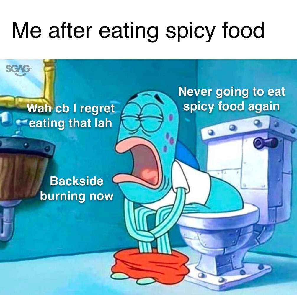 Devastated Spongebob blue fish meme hunched over toilet regretting spicy food