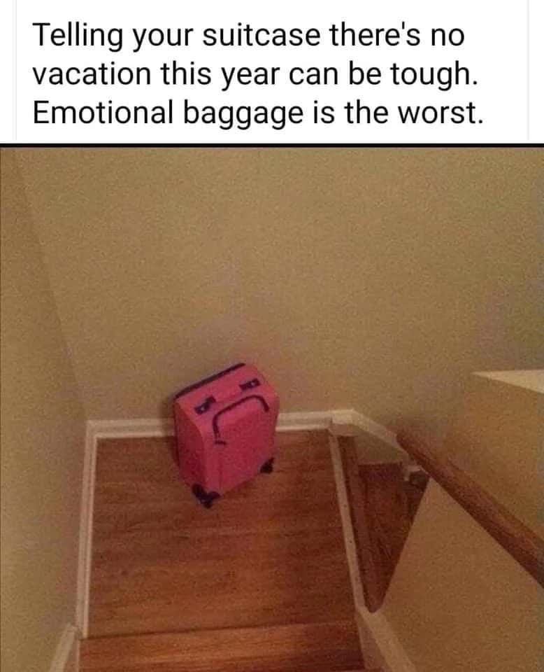 Suitcase meme being told no vacation this year upset as emotional baggage