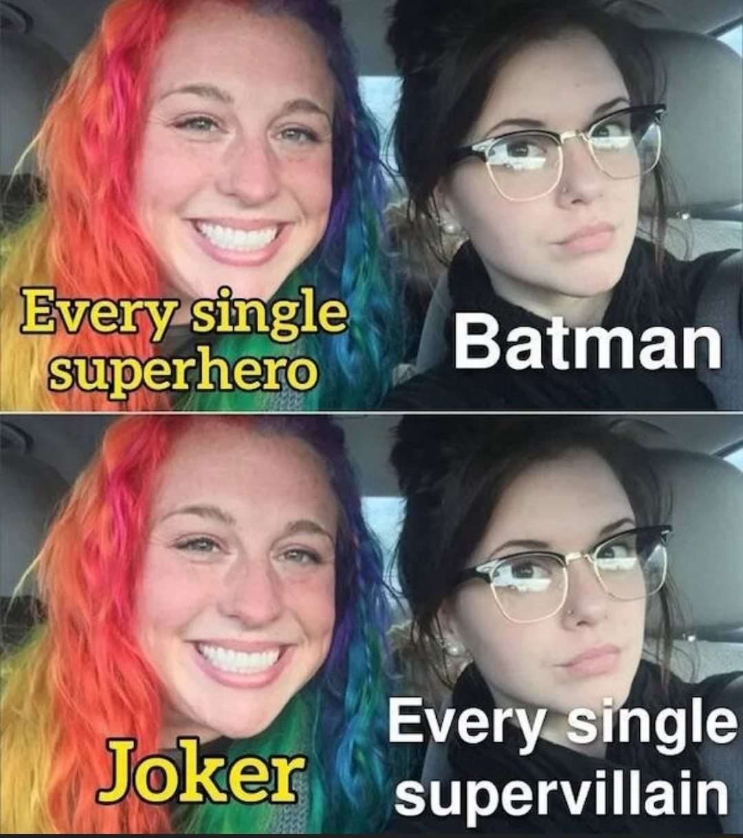 Batman and joker meme showing all superheroes love batman all supervillains love joker