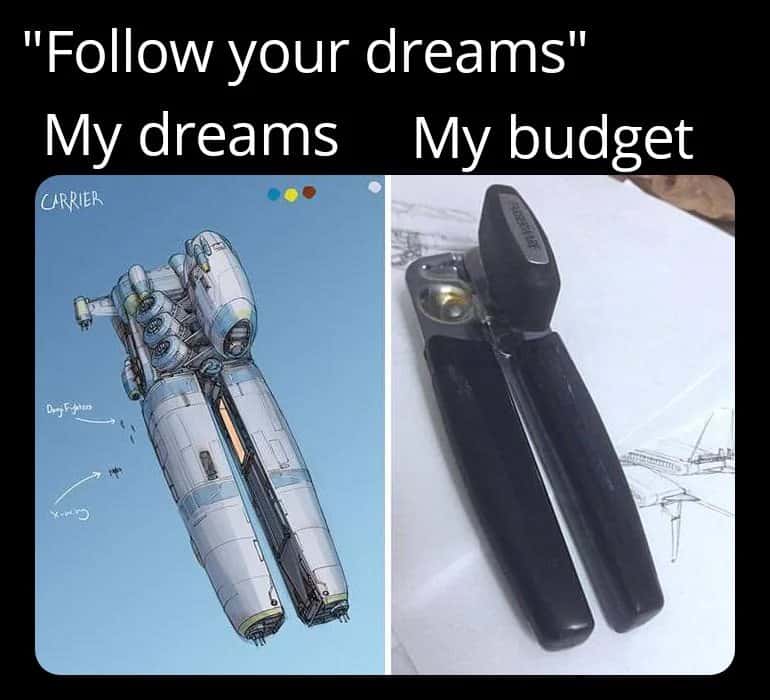 Spaceship design meme comparing ideal dream to low budget stapler lookalike