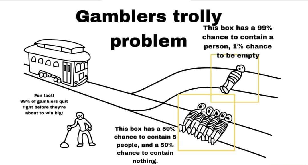 Gamblers trolly problem meme choosing between probabilistic tracks dilemma