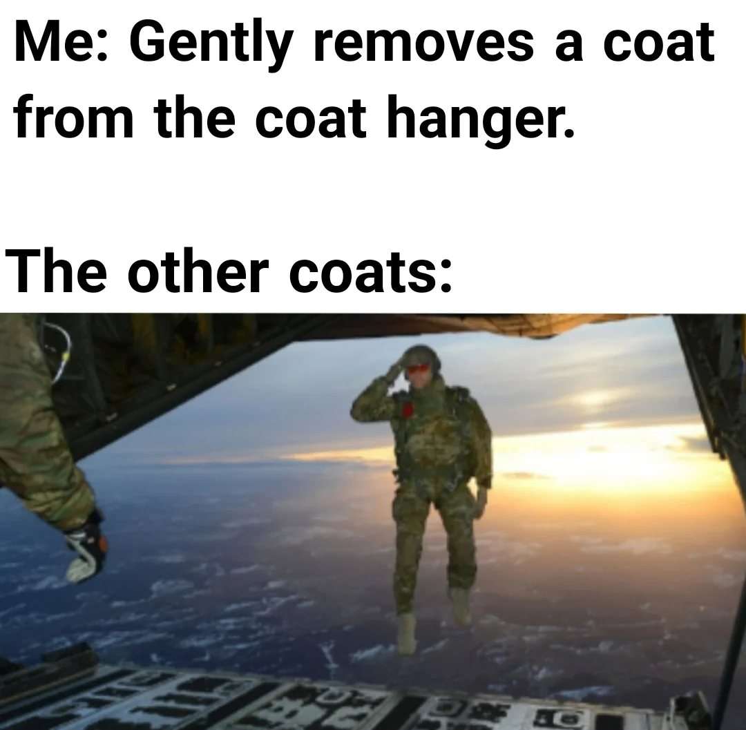 Saluting paratrooper meme showing coats falling down after single coat removal