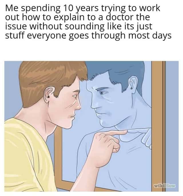 Wikihow pointing mirror meme about explaining issues to a doctor