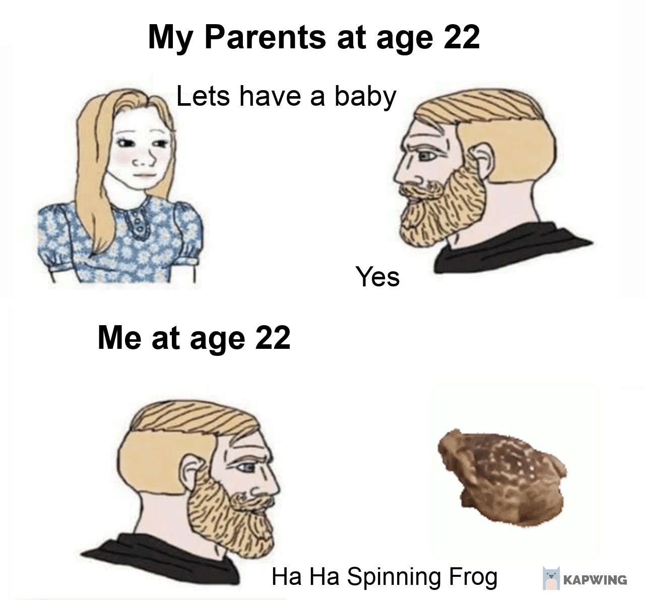 Chad meme at 22 watching spinning frog instead of having baby