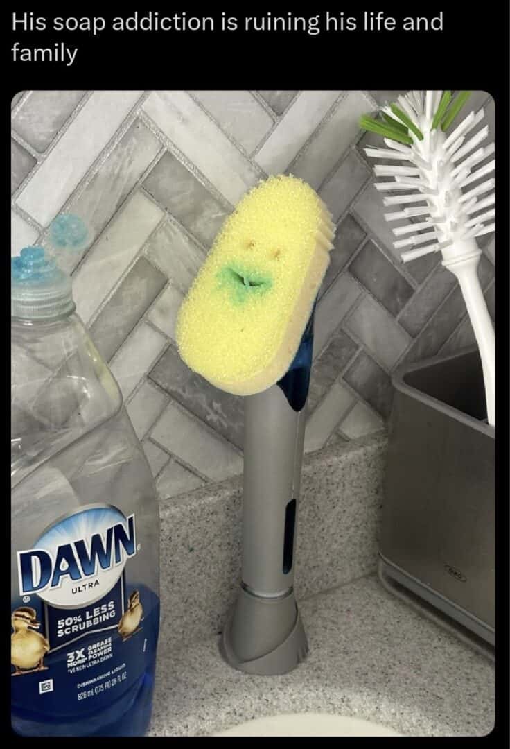 Dish sponge meme addicted to dish soap ruining his life and family