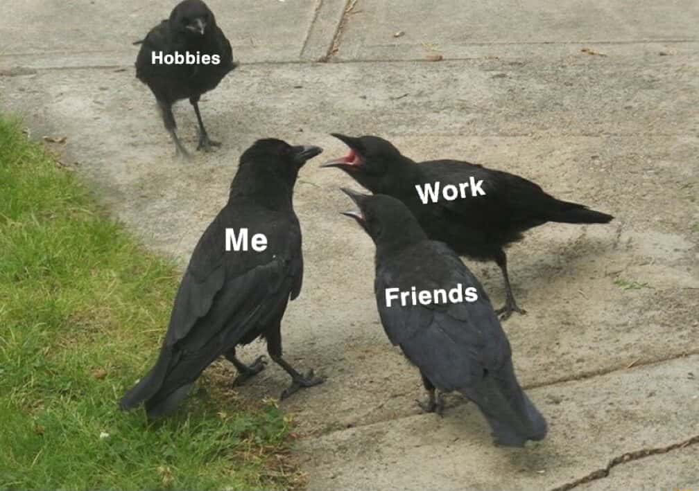 Crow meme being yelled at by work and friends while hobbies wait far away