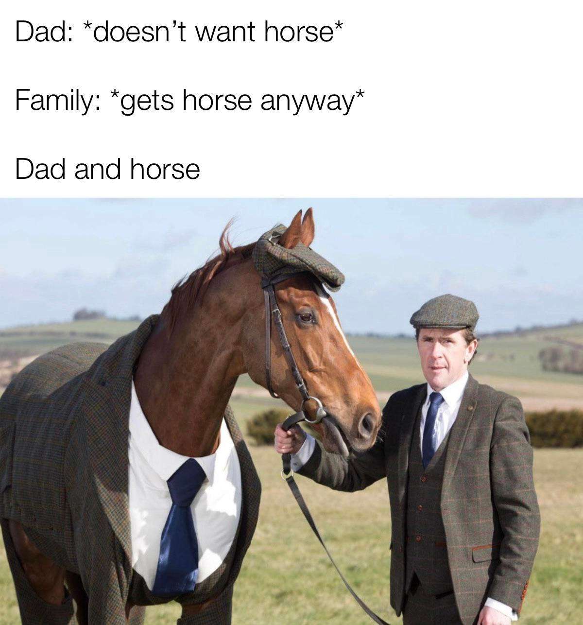 Horse meme dad who didn't want a horse now wears matching formal outfits with his horse