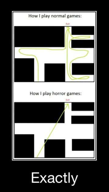 Maze game meme rushing straight to exit when playing horror games
