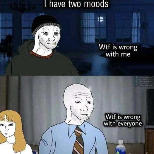 Wojak meme has two moods questioning self or others